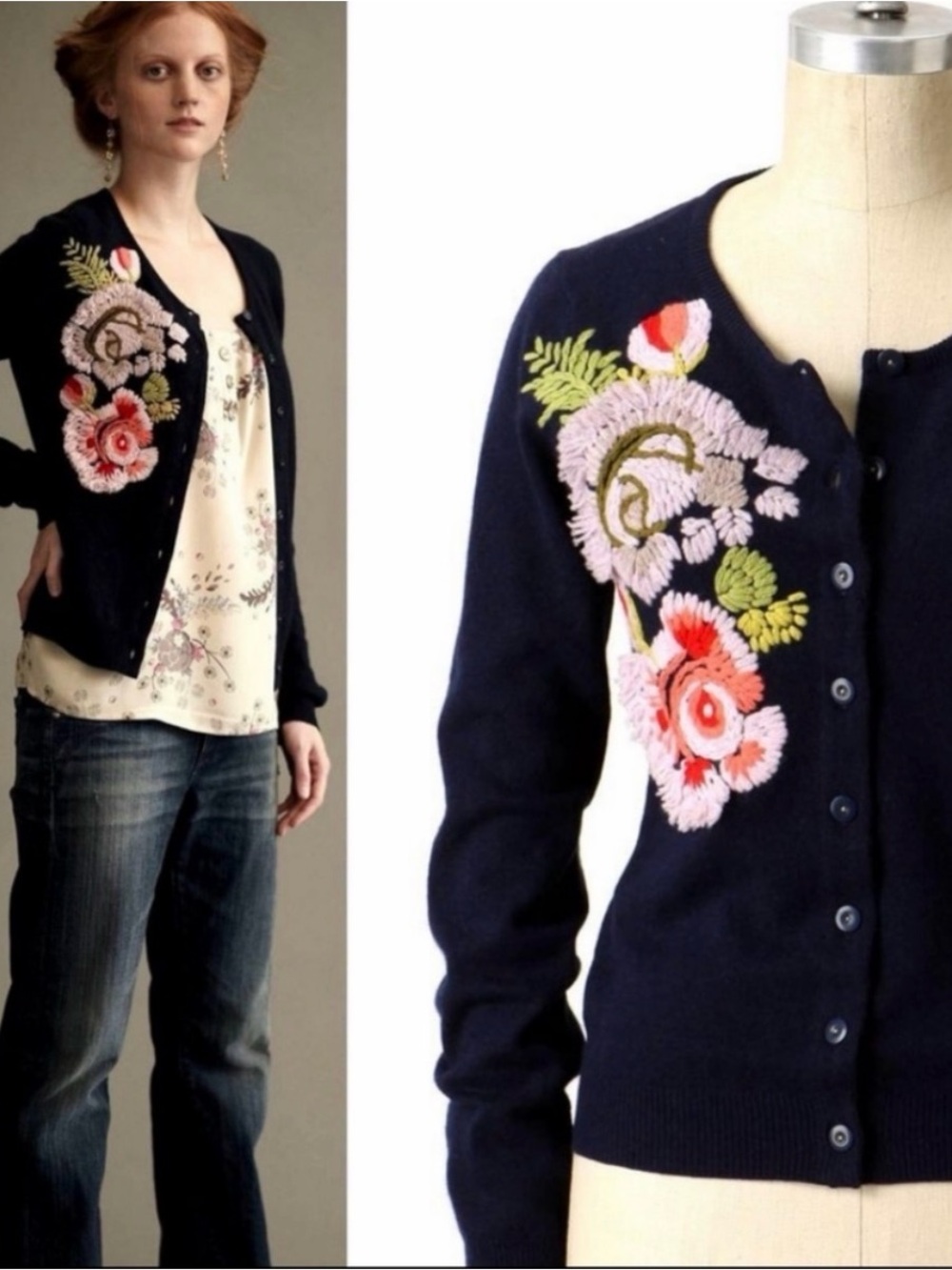 Anthropologie Anemone Bloom Embroidered Button Down Cardigan Blue Wool Twee Sz M - Picture 2 of 14
